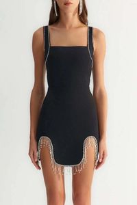 Casual Dresses 2024 Summer Women Black Sexy Sleeveless Slash Neck Diamonds Tassel Chain Cut Out Bandage Mini Bodycon Celebrity Party Dress