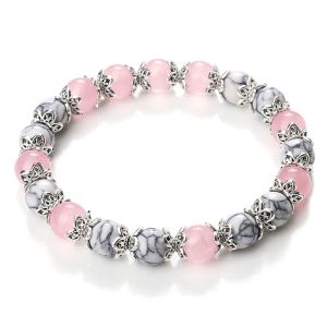 Strands 8mm White Howlite Stone Women Bracelet Metal Spacer Charm Natural Agates Pink Rose Quartz Beads Bracelets for Men Jewelry Gifts