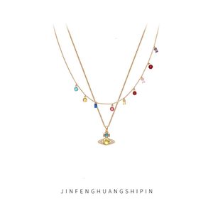 Designer Chain Necklace for Women Empress Dowager's French Layered and Elegant Colorful Saturn Necklace Collarbone Chain Gemstone Pendants Crystal Necklaces