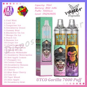 Оригинальная Utco Gorilla 7000 Puffs Ondosable Vape 26 Аромат 14 мл предварительно заполненного устройства 850 мАч.