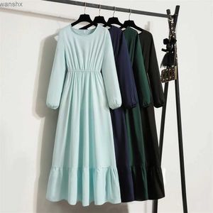 Basic Casual Dresses Women Long Dress Spring Autumn Mujer Vestidos Solid Full Sleeve O-neck Casual Chiffon Dresses Muslim Solid Loose Maxi DressesL2404