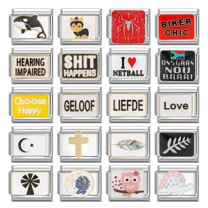 Strängar Fashion Moon Leaf Cross Shark Dog Words Square Italian Charm Link Pärlor Rostfritt stål Fit 9mm italiensk armband DIY Making Present