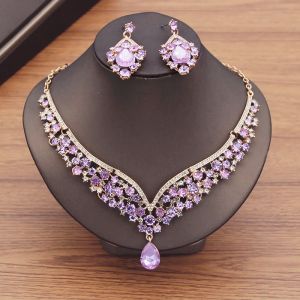 Necklaces Gorgeous Purple Crystal Wedding Dress Choker Necklace Sets for Women Bridal Jewelry Sets Earrings Dubai Jewelry Sets Fashion