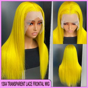 Cor amarela brasileira da malaio Silky reta 13x4 peruca frontal transparente de renda transparente 100% crua Remy