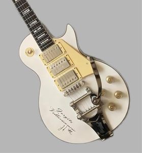 Best-selling white signature electric guitar, triple pickup abalone inlaid fingerboard, silver accessories,