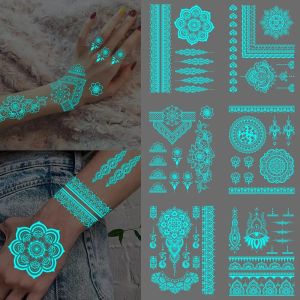 Tatuaggi da 6pcs blu tatuaggio luminoso henné bianco mandala impermeabile adesivo tatuaggio temporaneo astratto in pizzo floreale tatuaggi finti donne mano