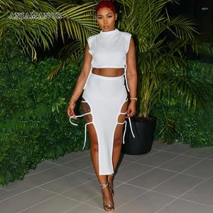 Work Dresses ANJAMANOR Side Hollow Lace Up Two Piece Skirt Set Women Outfit 2024 Summer Dress Sexy Club Wear White Suits For D85-EI24