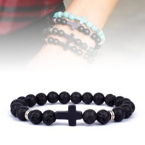 Strängar Charm Natural Stone Cross Armband Faith Black Matte Lucky Pärlor armband handgjorda män kvinnor bön fitness par smycken gåva