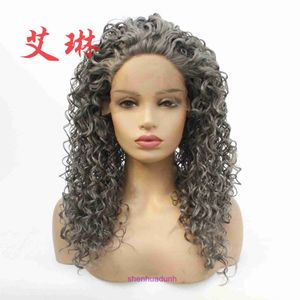 Chemical fiber front lace wig dark gray small curl high-temperature silk chemical headband