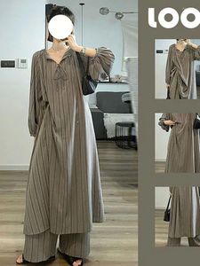 Kobietowa odzież sutna leniwa wiatr luźny piżama w paski sprężyste spodnie z długim rękawem 2PCS Suit Fashion Casual Ladies Home Nightgown