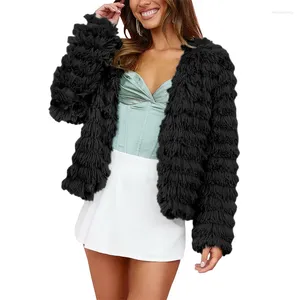 Jaquetas femininas Fuzzy Faux Fur Coat Women WhiM Roupos quentes de cor sólida Manga longa Aberta Jaqueta cortada frontal Tops Ladies