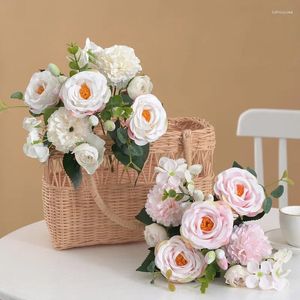 Decorative Flowers Artificial Potted For Home Decoration Romantic Round Fake Rose Wedding Bouquet House Living Room Interior Decor Props