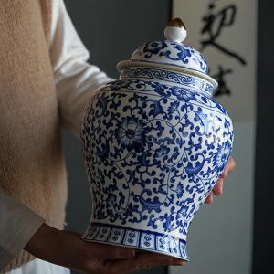 花瓶古代中国スタイルのクリエイティブ磁器ジンジャージャーエアタイトリッドストレージジャー