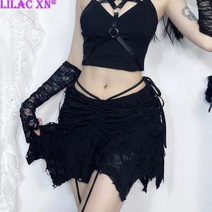 Skirts Y2K Goth Black Holes Lace-up Mini Sexy Vintage Folds Irregular Bodycon Short Women Fashion Summer Streetwear