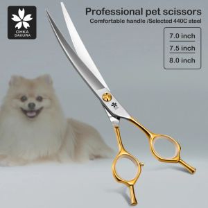 Makas Profesyonel Pet Makas Altın Sap Kavisli Makas Çarpık Kırpma Makasları Teddy Köpek Groomer Makas