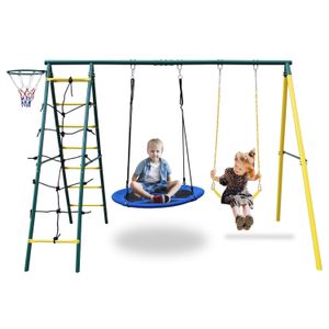 Swing Set for Kids Outdoor Backyard Playground Swing Set with Ladder and Basketball Hoop