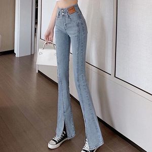 Jeans feminino jeans primavera e verão elástica elástica reta rica em design de lasca de lasca de esfrega