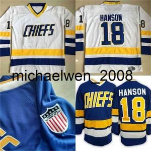 Kob Weng #18 Jeff Hanson Charlestown Jersey Herren Hanson Bruder Slap Schuss 100% genähte Stickerei Film Hockey Trikots Blue White