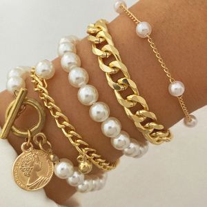 Strands Boho Fashion Bracelets For Women New Vintage Geometric Pearl Human Head Coin Pendant Gold Color Jewelry Gift For Female B029