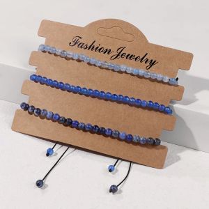 Strands 3Pcs/set 4mm Blue Natural Stone Braided Bracelet Aquamarines Agates Sodalite Mini Beads Adjustable Rope Bracelet For Women Men