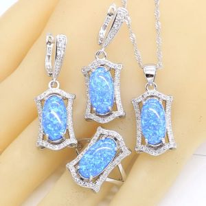 Necklaces Geometric Blue Opal Silver Color Jewelry Sets For Women Bridal Necklace Pendant Earrings Rings Birthday Gift Box