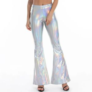 Sexy PU Leather Metallic Pants Shiny Holographic Flare Women Girls Bodycon Elastic Waist Bell Bottom Trousers Clubwear 240423