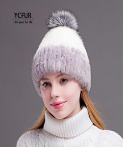 ycfur冬の帽子帽子女性のためのビーニー縫い縞模様の本物の帽子キャップ毛の毛皮のビーニー帽子と毛皮の帽子5332579