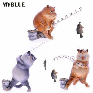 Tillbehör myblue kawaii trädgård djur harts fiske katt figurer staty nordisk hemrum dekoration tillbehör modern