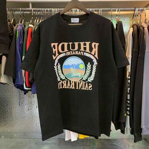 Rhude 티셔츠 남성 디자이너 티셔츠 티 셔츠 티 운동 셔츠 대형 100%면화 Tshirts 빈티지 짧은 소매 미국 크기