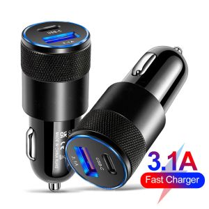 Dual Port PD USB C Type C Car Charger Auto Power Adapters 3.1A Chargers för iPhone 14 13 12 11 15 Pro Max Samsung Xiaomi Huawei Android Phone GPS PC