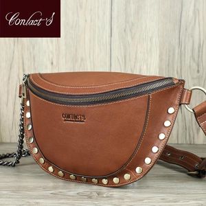 Bel Çantaları İletişimin Orijinal Deri Kadın Çanta Fanny Pack Lüks Perçin Tasarım Seyahat Seyahat Göğüs Sıradan Kadın Crossbody Çantası