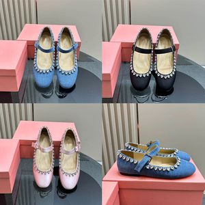 Designer Sandals Women Shoes Ballerina Flat Ballet Summer Slides Sandals Dress Loafers Blue Denim Round Head Luxury Rhinestone Mary Jane Partydress Dance Shoe