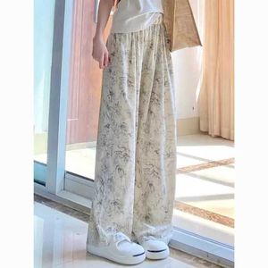 Kvinnors jeans 2024 Summer Slim High midja Slim and Lazy Leisure Loose and Draping Floor Dra Ice Silk Sunscrn Wide Ben Pants for Women Y240422