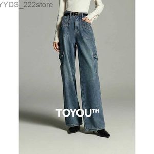 Kvinnors jeans Toyouth Womens Jeans 2023 Vinterhög midja rakt löst breda benbyxor med flera fickor fashionabla trendiga casualbyxor YQ240423