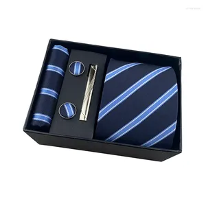 Yay Ties 6pcs Erkekler İçin Set Hediye Kutusu Şarap Donanma Gri Katı Çizgili Polyester Kravat Cep Kare Klip Kupa Kufflinks Mendil