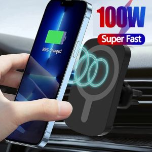 Laddare 2023 Ny 100W Magnetic Wireless Car Charger Lämplig för iPhone 15 14 13 Pro Max Mini Magsave Fast Charging Vents telefonhållare