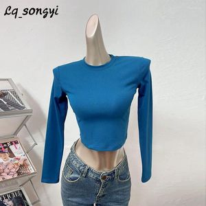 Damen T -Shirts Lq_Songyi Langarm Crop Top Slim Cotton Women Elegant sexy 2024 Frühling Herbst Vintage Basic einfaches Festes Hemd