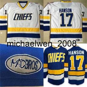 Kob Weng #17 Steve Hanson Charlestown Jersey, Men's Hanson Brother Slap sköt 100% sömnad broderi filmhockey tröjor blå vit