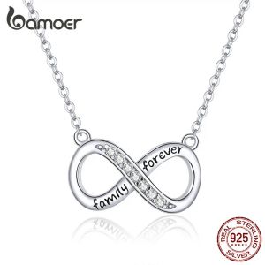 Colares Bamoer Infinity Love Family Forever Short Chain Colar para Mulheres Clear CZ 925 Sterling Silver Fashion Jewlery SCN352