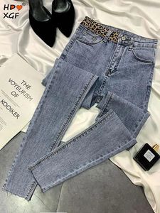 Jeans femminile semplice matita stampa leopardo per donne vintage abbuffi ad alto abbondante pantaloni dritti design coreano slim streetwear
