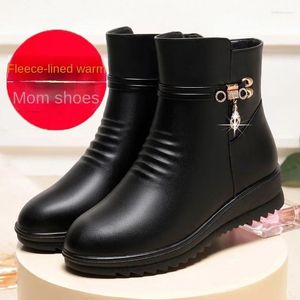 Boots Black Soft Leather Ankle For Women Autumn Winter Thick Wool Short Boot Wedges Shoes Comfortable Mom's Cotton Bota