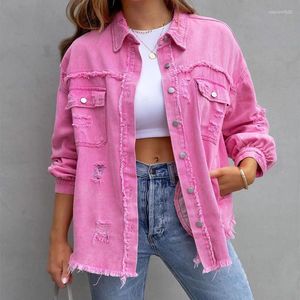 Jackets femininas Jaqueta de cor sólida comprimento médio perfurado de jeans de manga longa 2024