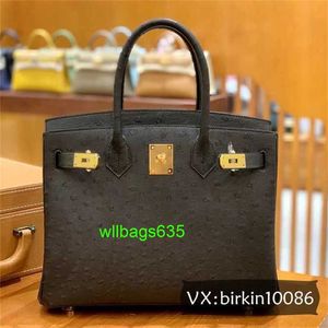 Genuine Ostrich Leather Bk Bags 7a Quality Handsewn Fully Hand-stitched Womens Luxury Light Luxury Handbag Black have logo HB9PRV