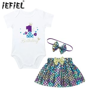 Setar Baby Girl Princess Clothes Set sjöjungfru 1st födelsedagsfest outfit Shell Romper paljetter Fish Scales Dress Bowknot pannband kostym