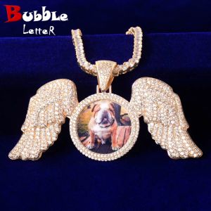 Halsband bubbla bokstav solid bakre vinge ner cirkel bild foto pendell micro pave charm mäns hip hop rock smycken