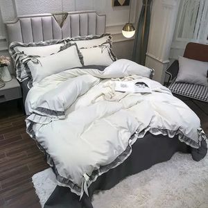 Nordic Lace Border Solid Color Bedding Set Bowknot Girl Duvet Cover With Pillowcase Sheet Luxury Comfort Fluffy Queen Full Size 240416