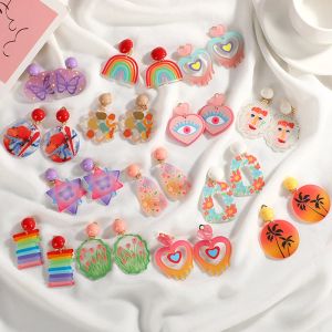 Earrings 2023 Summer Fashion Colorful Embossed Printing Clip Earrings Flower Rainbow Butterfly Acrylic Heart Non Pierced Dangle Earrings