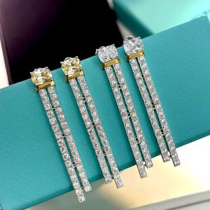 Designer trend tiffayss new autumn and winter double row diamond long tassel earrings all 925 sterling silver high carbon flash high-end feel