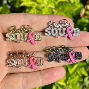 charms 5Pcs/Lot Zirconia Paved Pink Ribbon Support Squad Charms for Breast Cancer Awareness Pendant for Jewelry Making