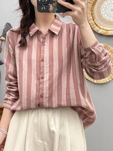 Blusas femininas algodão listrado Mulheres camisa 2024 Primavera verão de manga longa casual cardigan moda lady blusa fêmea yoyikamomo